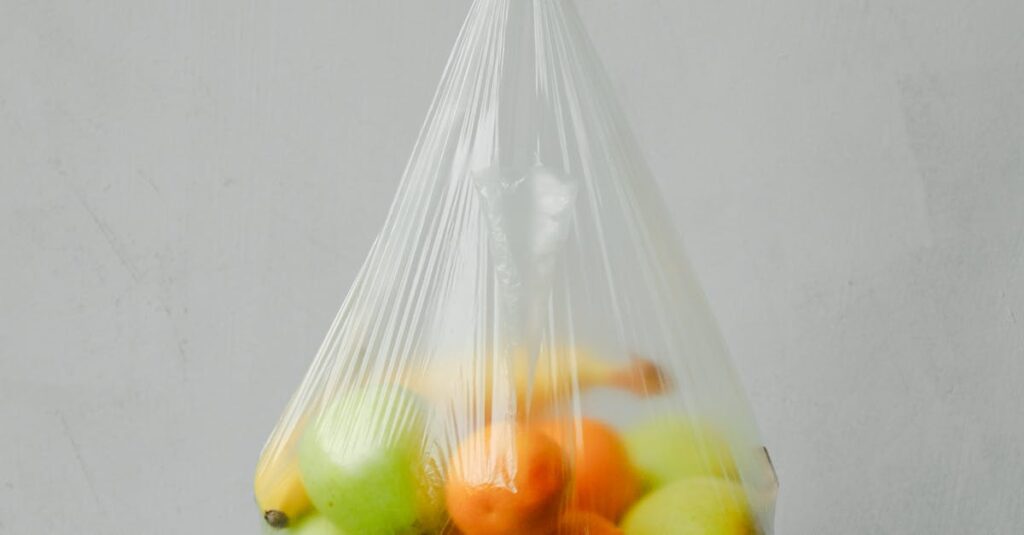 A hand holding a transparent plastic bag full of fresh citrus fruits against a neutral background.